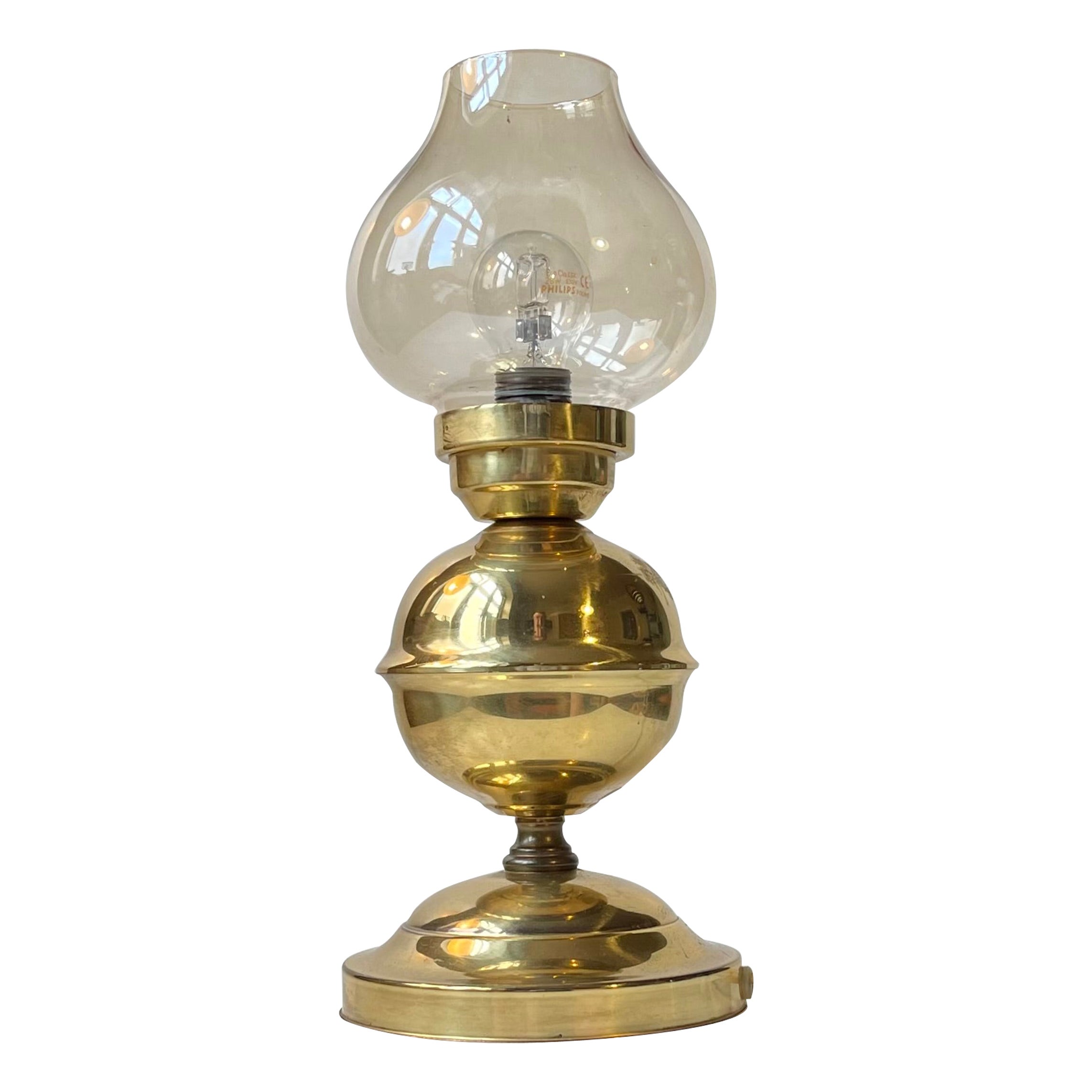 Vintage Scandinavian Maritime Table Lamp in Brass & Smoke Glass For Sale