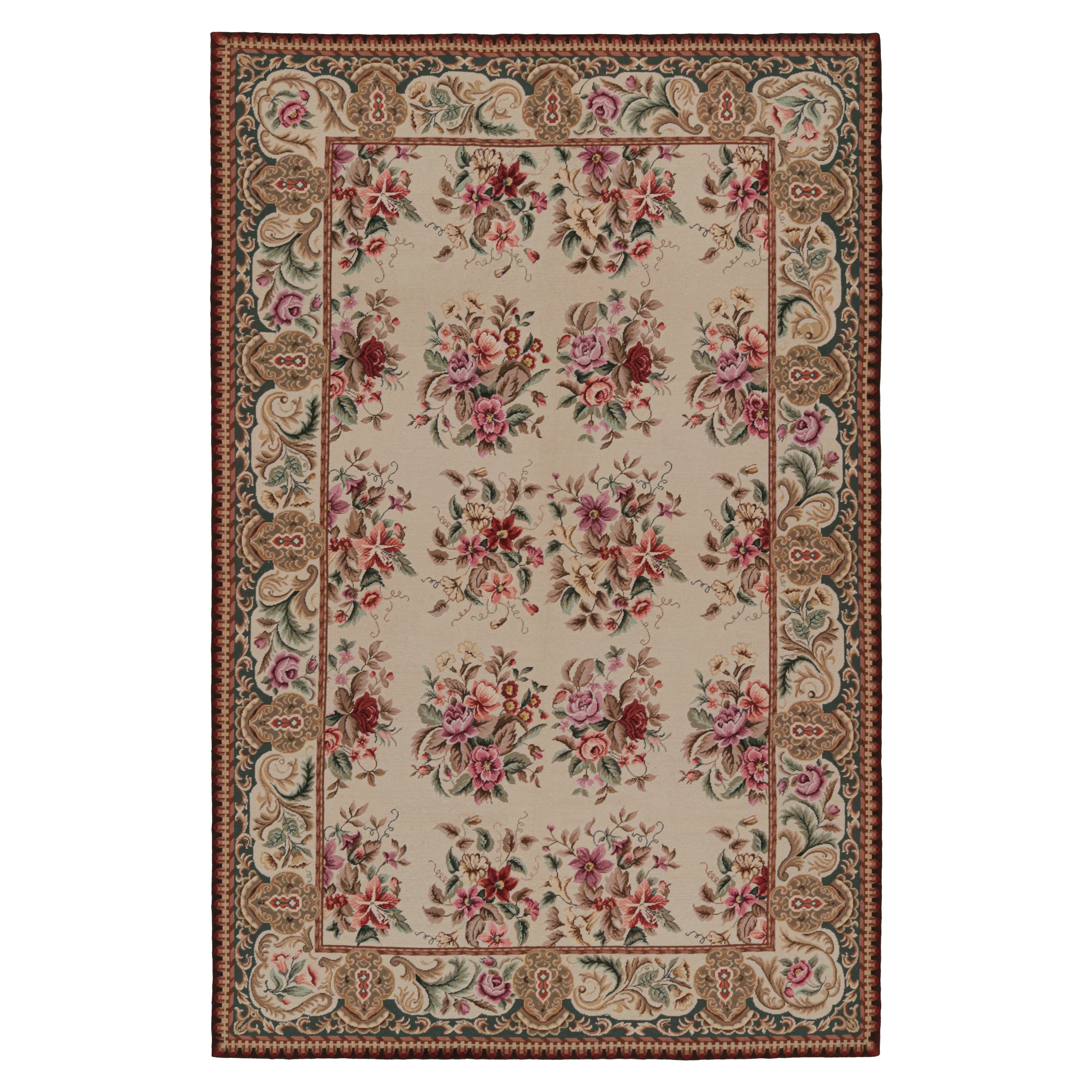 Rug & Kilim’s European Style Needlepoint Rug in Beige with Floral Patterns For Sale