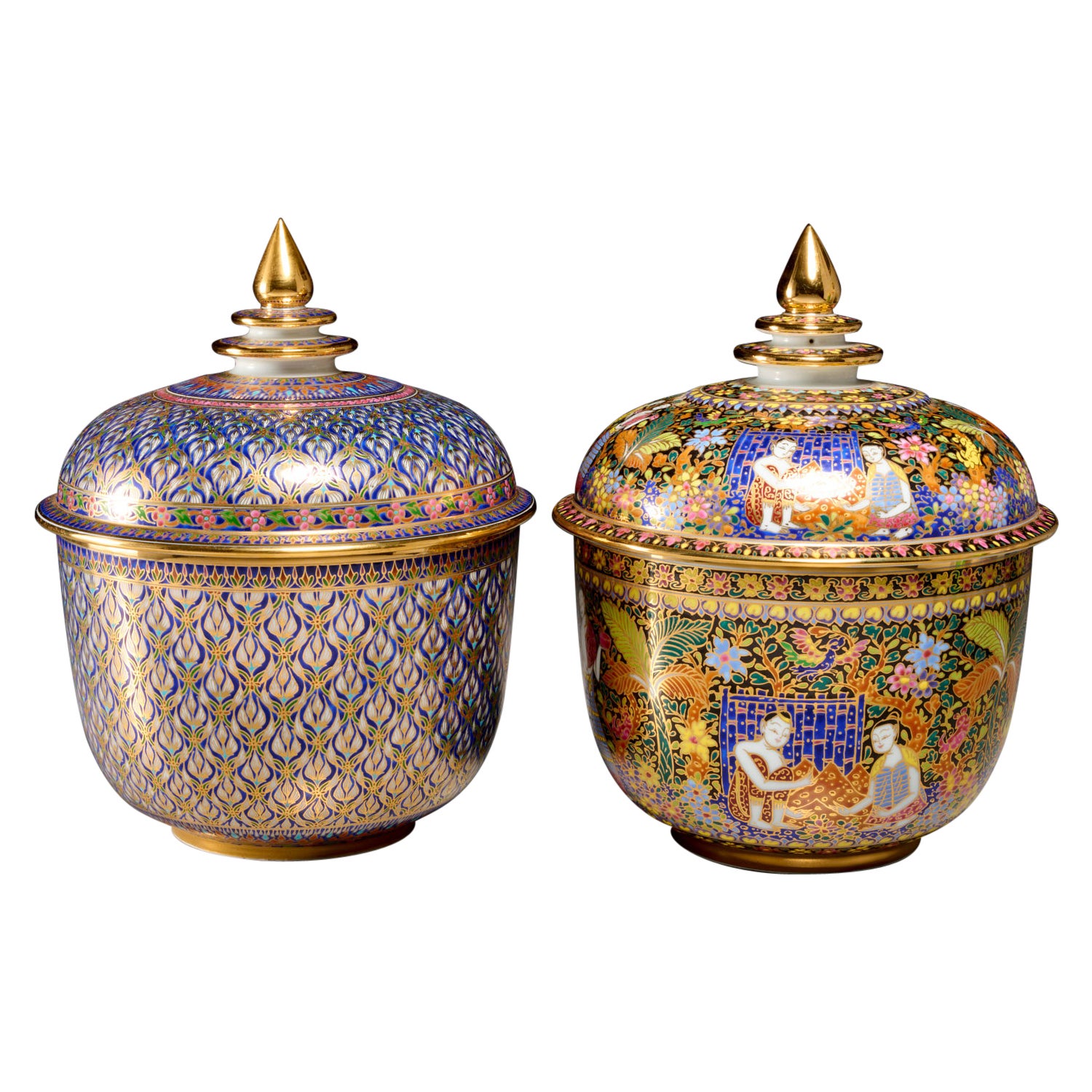 Pair of Thai Benjarong Lidded Porcelain Jars Vibrantly Hand Painted and Gilded For Sale