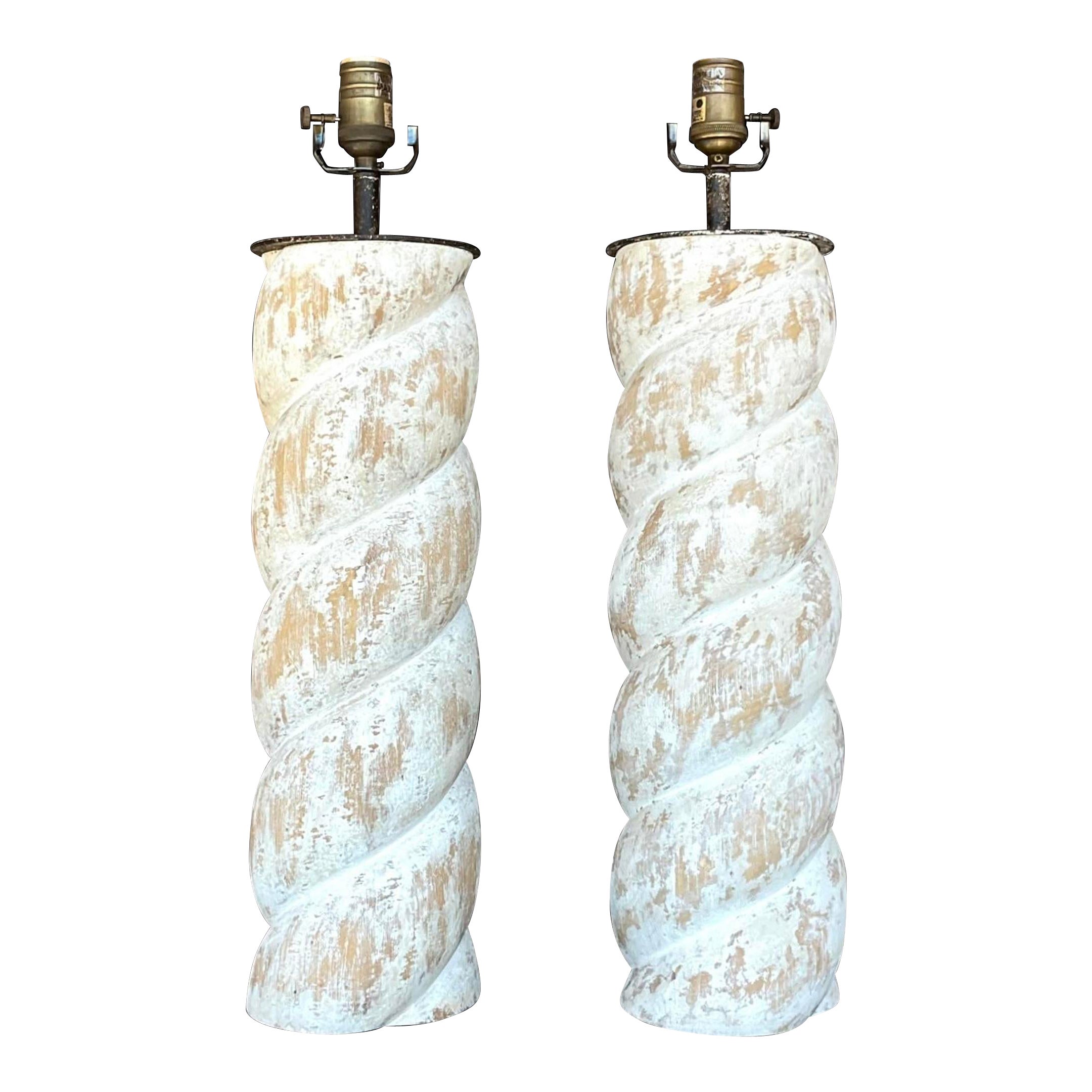 Vintage Boho Whitewashed Twist Column Lamps - a Pair