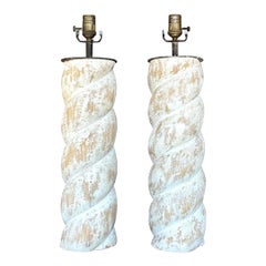 Vintage Boho Whitewashed Twist Column Lamps - a Pair