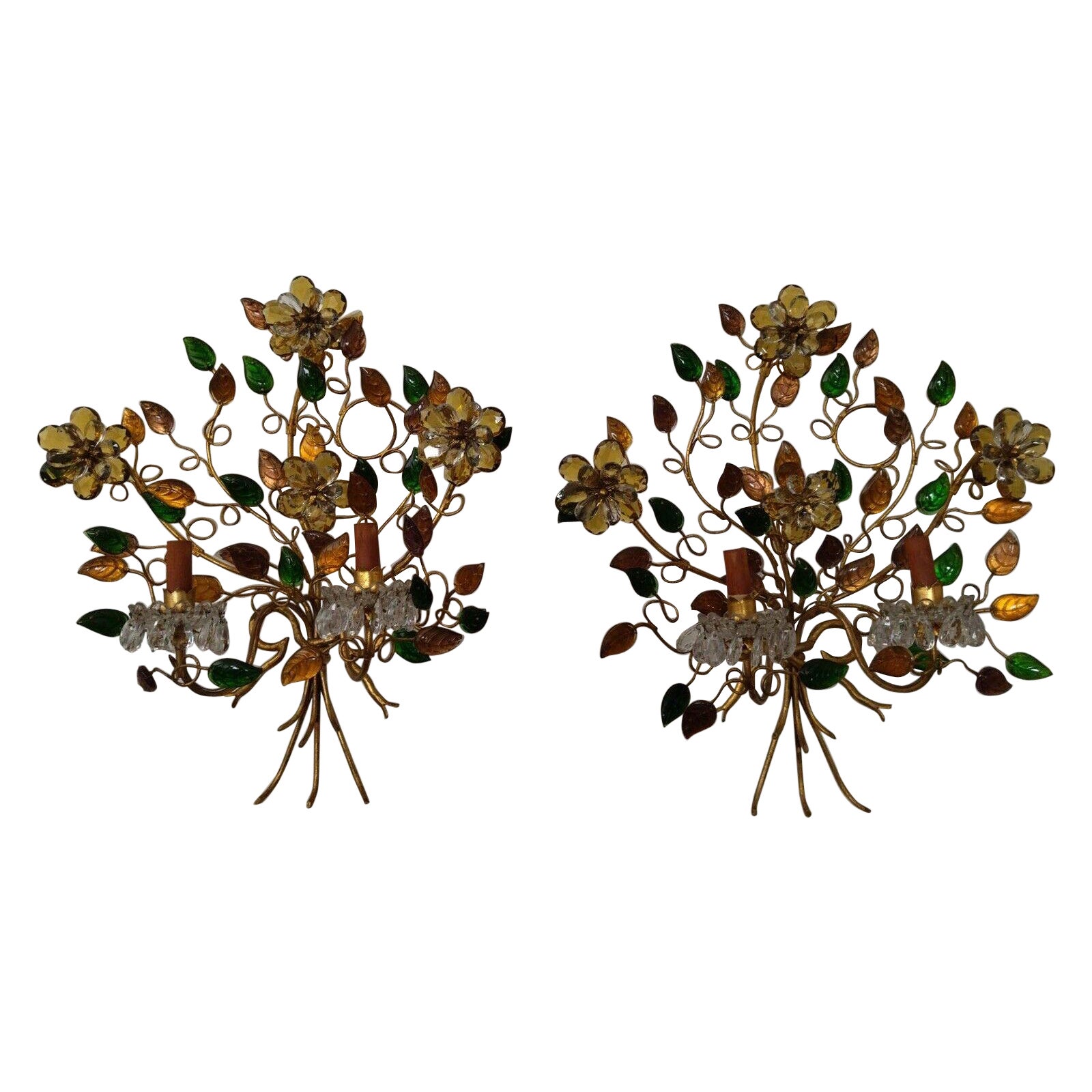 Pair 40s French Regency "Autumn Tones" Crystal Floral Wall Sconces Maison Bagues For Sale
