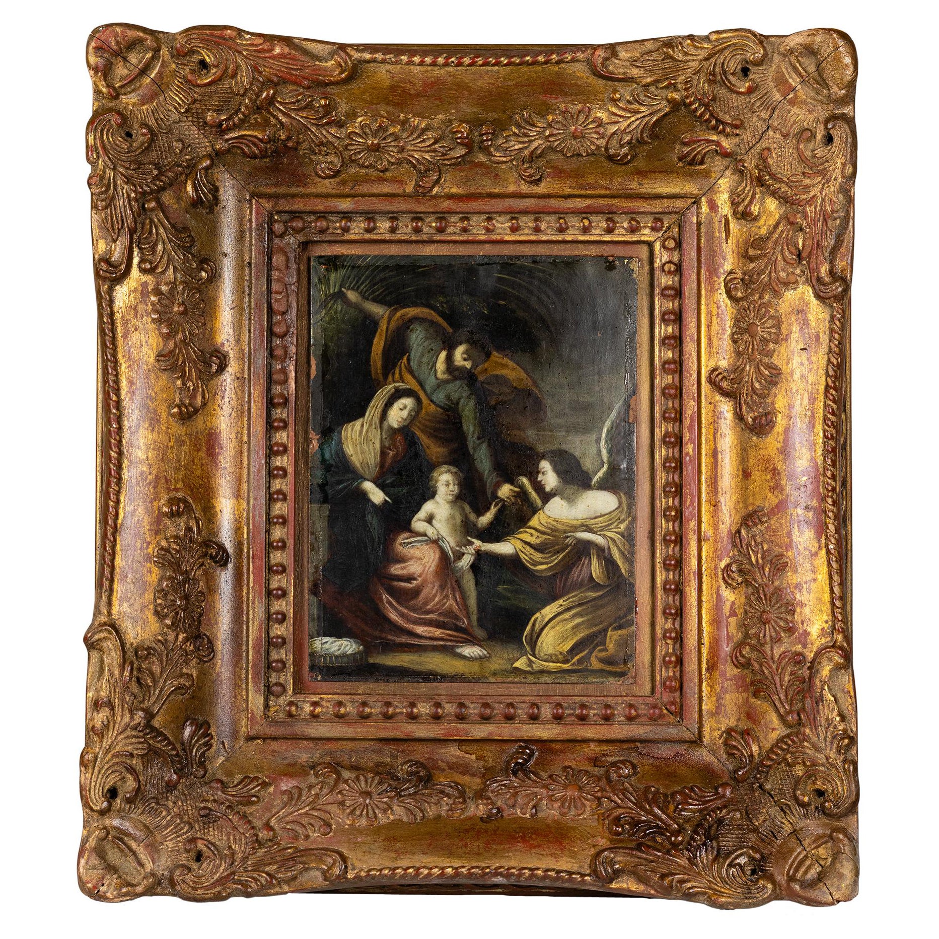 The Holy Family with an Angel Painting Oil on Copper 18th Century Religious Art For Sale
