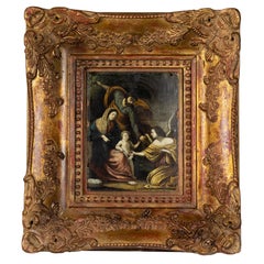 Religiöse Kunst der Heiligen Familie mit einem Engel, Ölgemälde auf Kupfer, 18. Jahrhundert