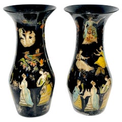 Pair 19th Century English Late Regency Black Ground Decalcomania Fashion Vases