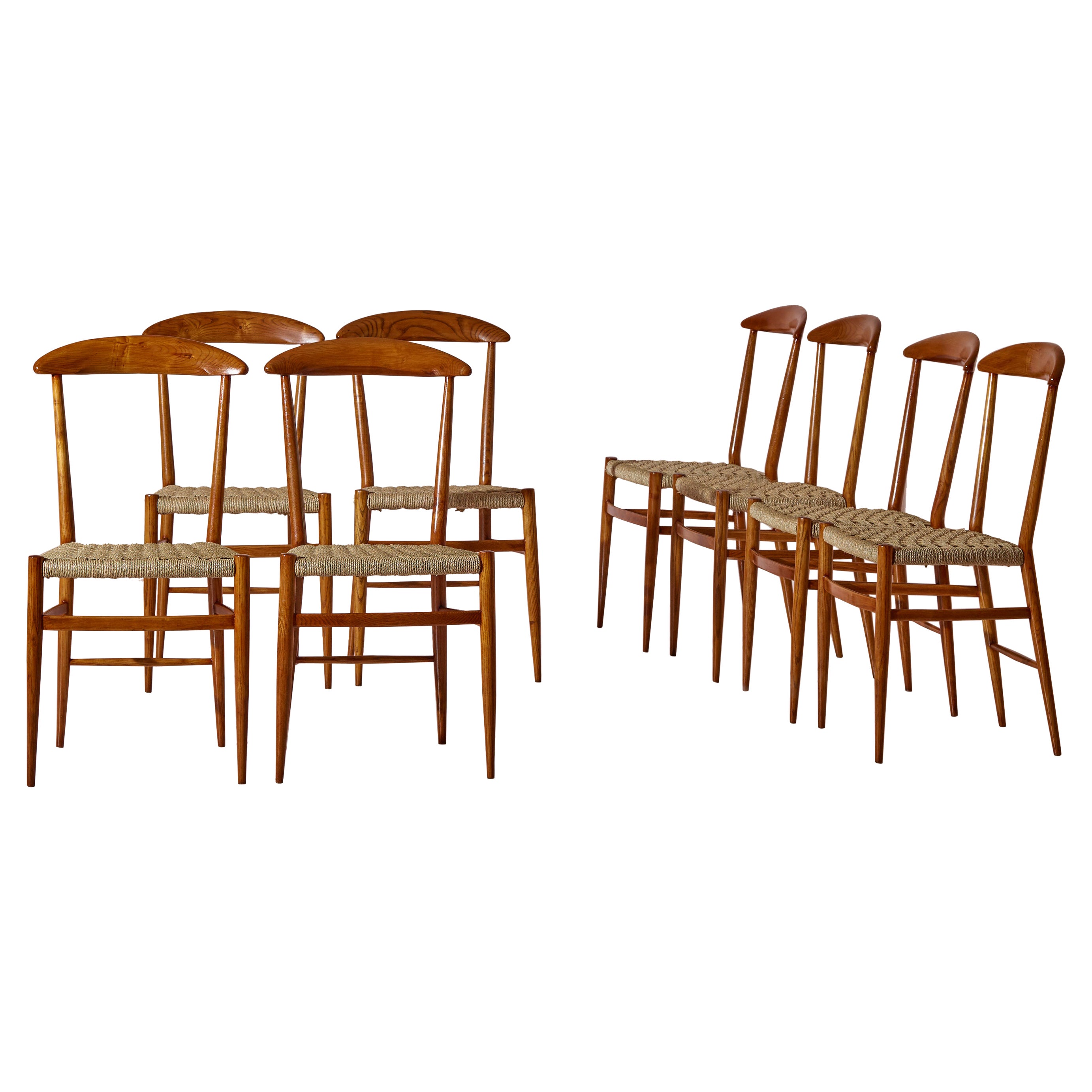 Guido Beeche, ensemble de 8 chaises de salle à manger en hêtre et corde, Chiavari, années 1950 en vente