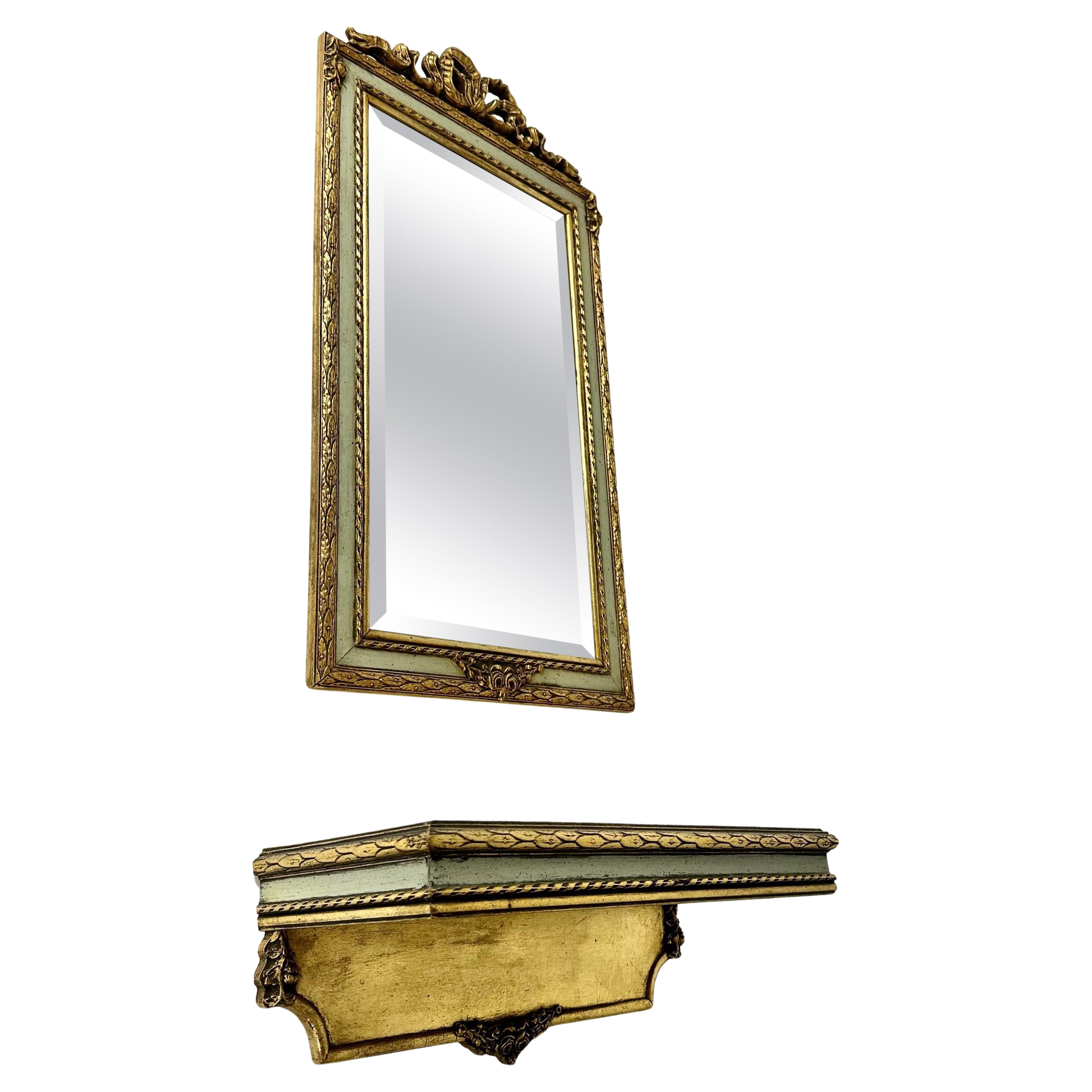 Vintage Gold Plated Wooden Mirror with Wall Console Belgium, 1960s For Sale