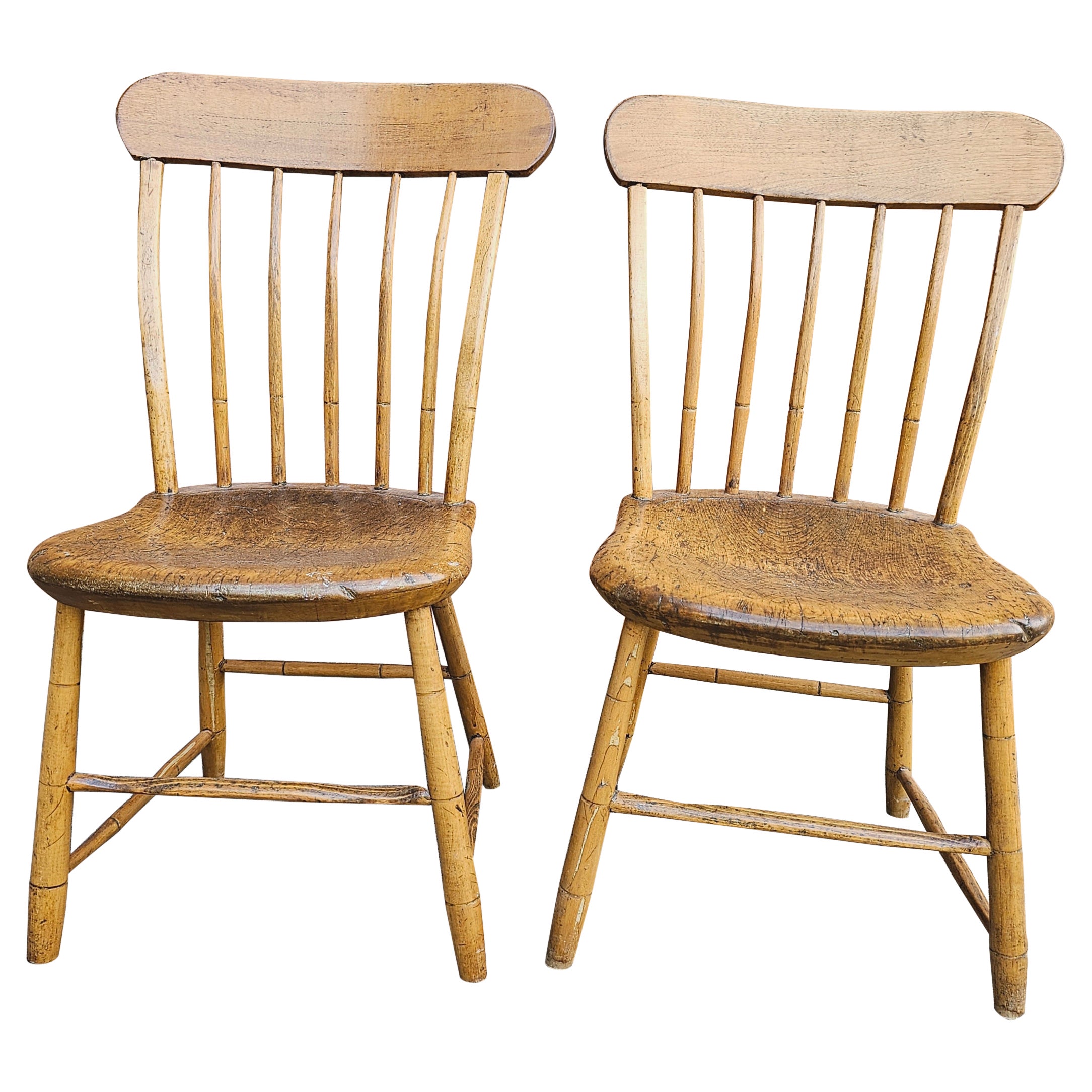 Pair of Early American Patinated Maple Plank Chairs, Circa Mid 19th Century. Great patina. Not just for decorative purpose only. Very sturdy for actual use. No wiggles or squikies. Measures 16