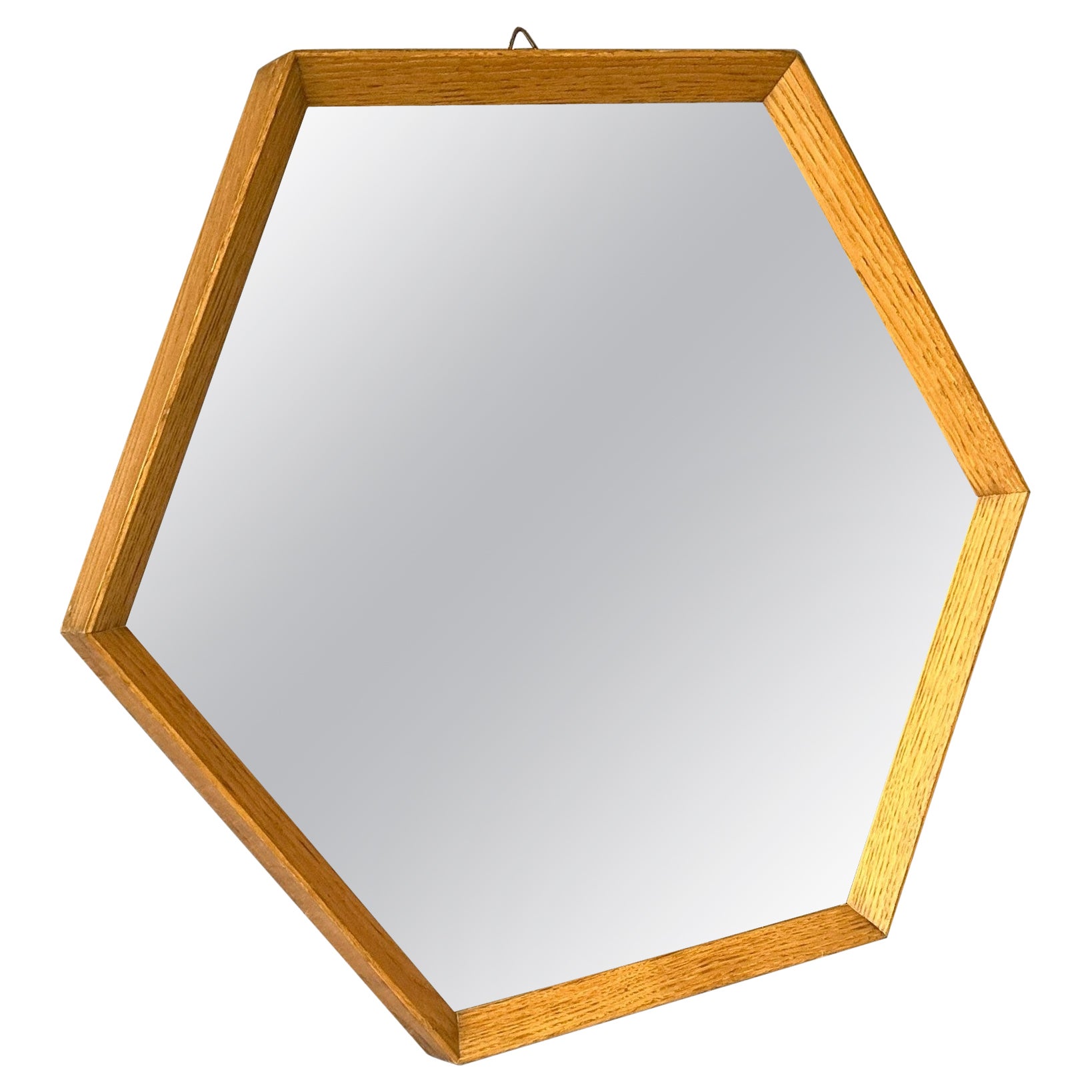 Mid-Century Modern hexagonal Mirror with oak wood frame 1960 Italian manufacture For Sale