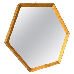 Vintage Mid-Century Modern hexagonal Mirror with oak wood frame 1960 Italian manufacture