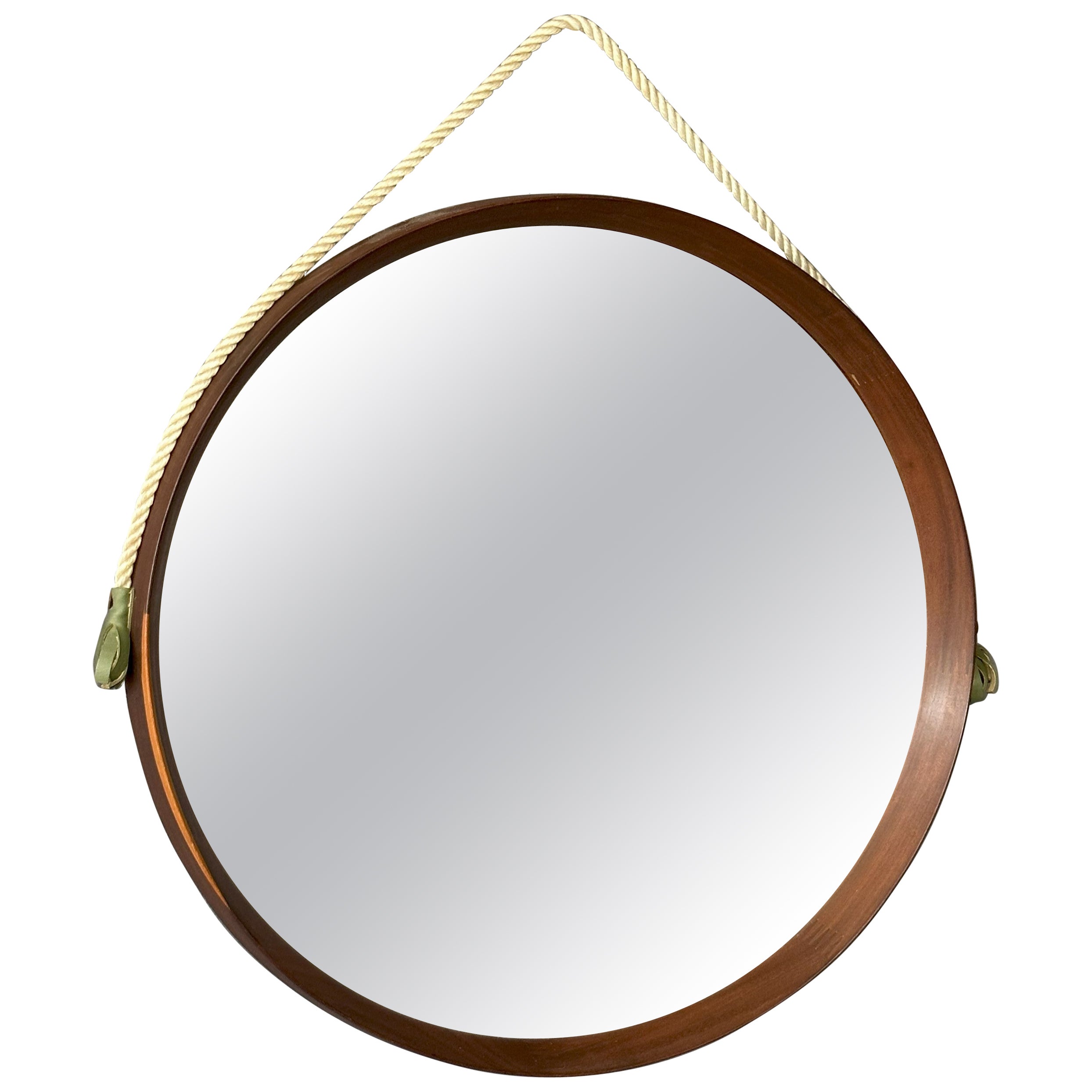 Round mirror with teak frame, 1960s, Italian manufacture, with hanging rope For Sale