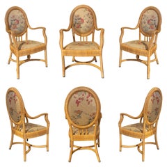 Set of Six Wicker Armchairs Upholstered with Flower Fabrics