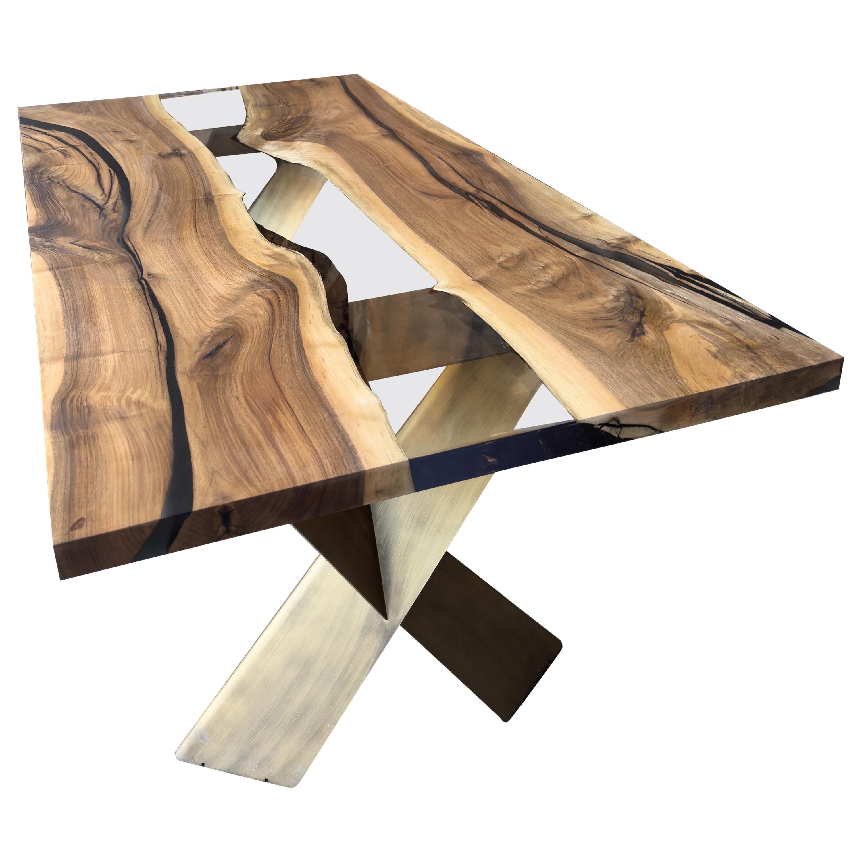 Blue Epoxy Resin Root Walnut Custom Dining Table For Sale at 1stDibs
