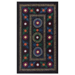 3.7x6.3 Ft Uzbek Suzani Wall Hanging in Black, Vintage Silk Embroidery Bedspread