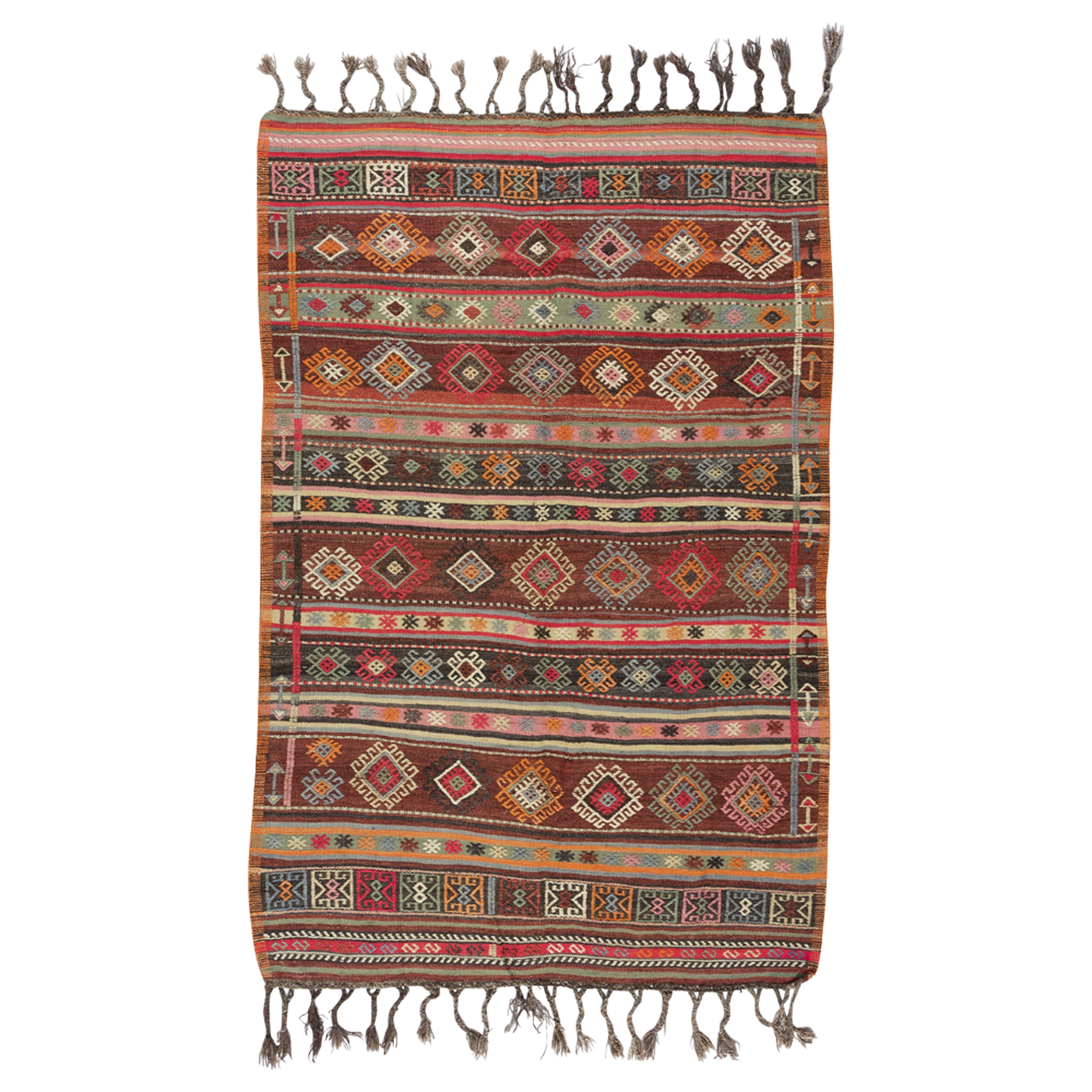 4.7x7 Ft Colorful Handmade Anatolian Kilim with Cabin Style, Flat Weave Wool Rug For Sale