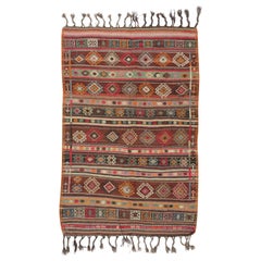Vintage 4.7x7 Ft Colorful Handmade Anatolian Kilim with Cabin Style, Flat Weave Wool Rug