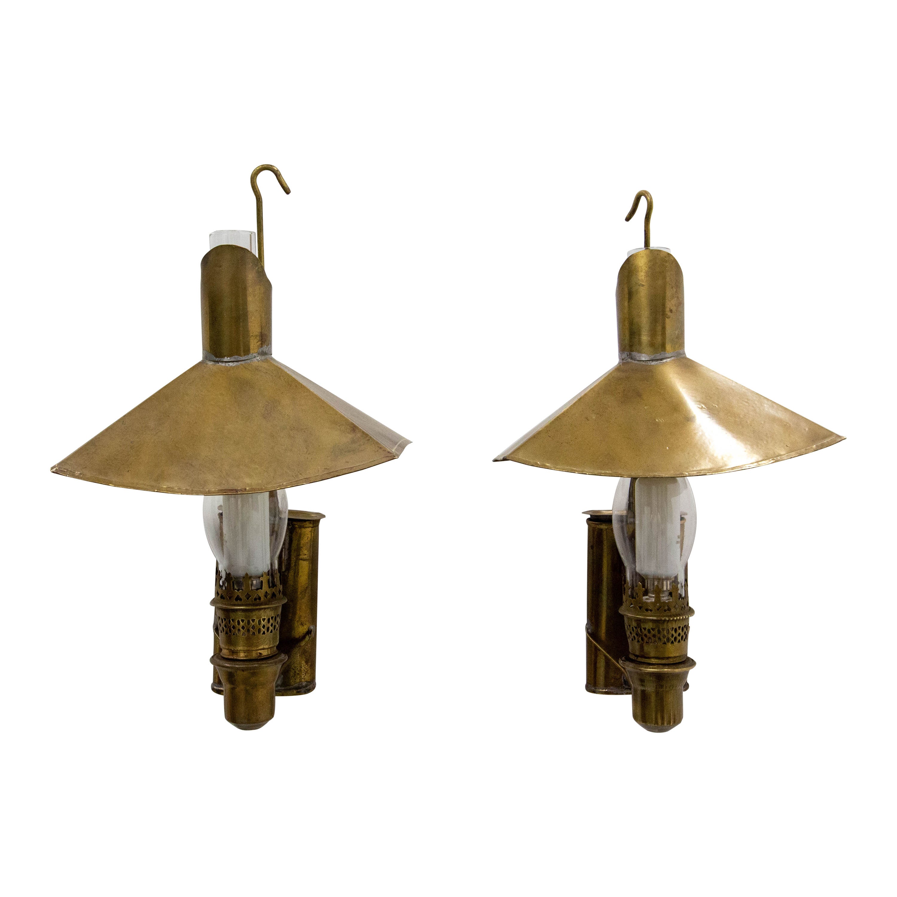 Antique Pair Sconces Wall Light Lantern Brass Glass with tank 19th c, French  For Sale