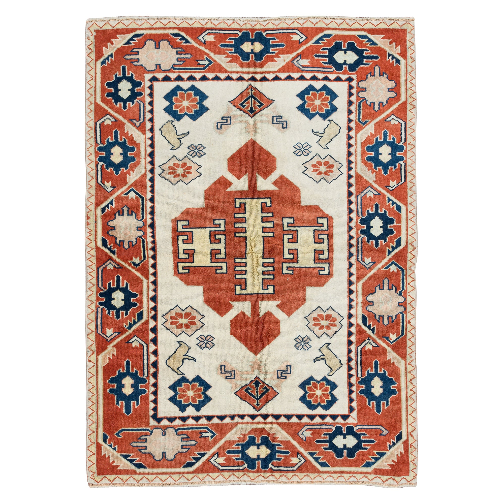 4x5.6 Ft Vintage Handmade Geometric Turkish Rug in Cream, Red and Blue Colors