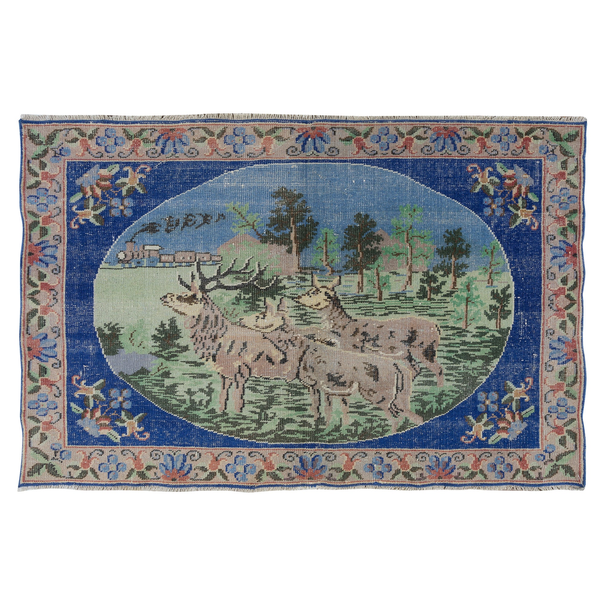 3.3x5.2 Ft Deer, Tree & Floral Pattern Rug, Vintage Wall Hanging, Decorative Art
