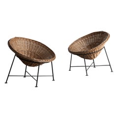 Set of 2 circular rattan basket lounge chairs, France, 1960s
