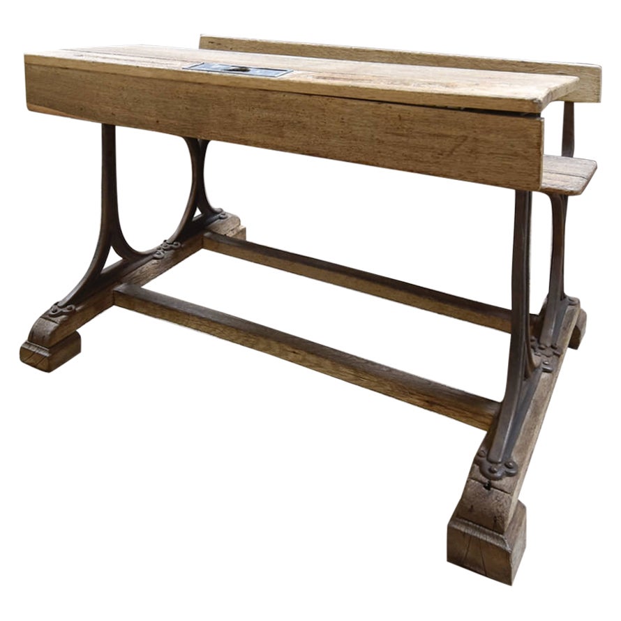 Old 19th Century School Bench with Cast Iron Frame and Desk