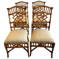 Set of 4 Vintage Chinese Chippendale Honey Rattan Dining Chairs