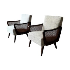 Austrian Arm Chairs in Boucle and Wicker, 1950s