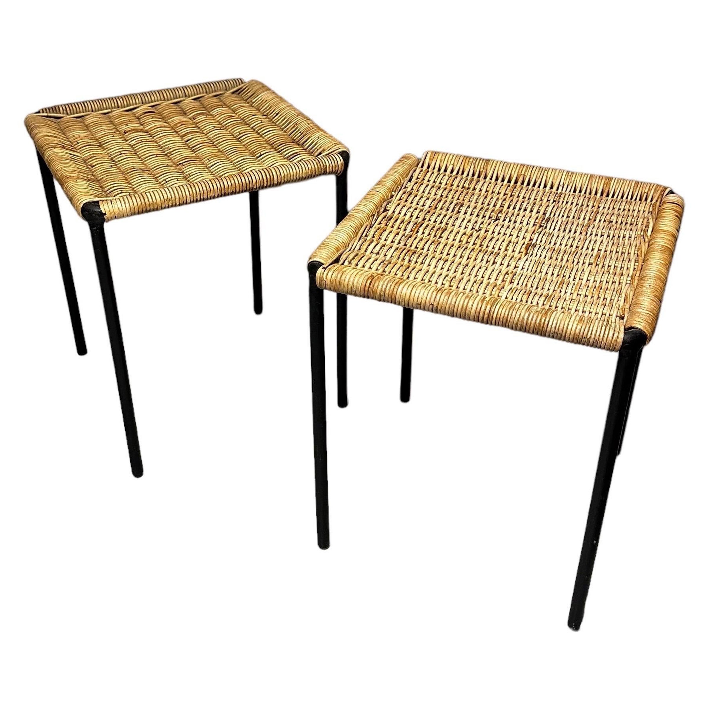 Carl Auböck Side Tables with Black Iron and Rattan, Set of Two, Austria 1950s For Sale
