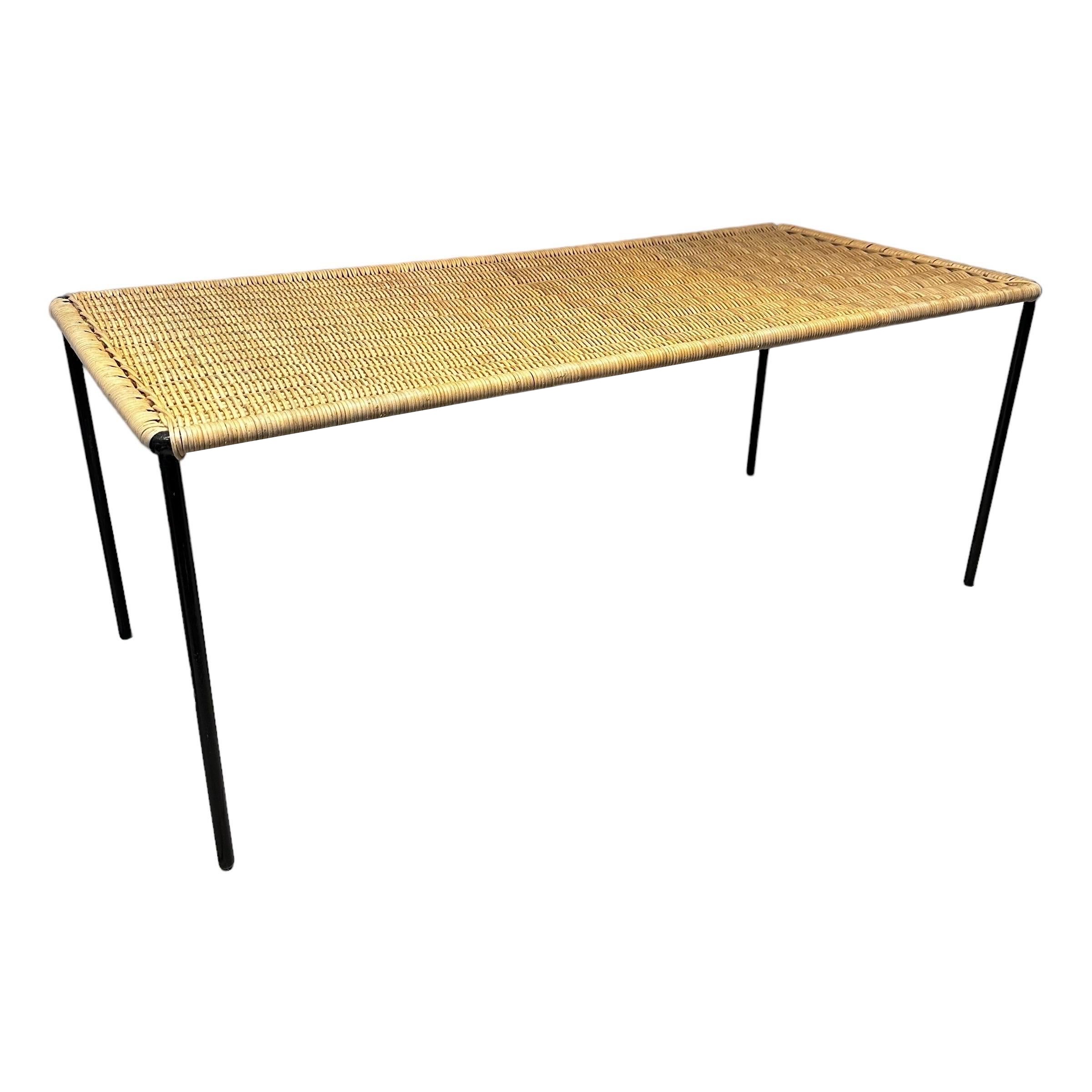 Carl Auböck Mid-Century Coffee Table with Black Iron and Rattan, Austria 1950s For Sale