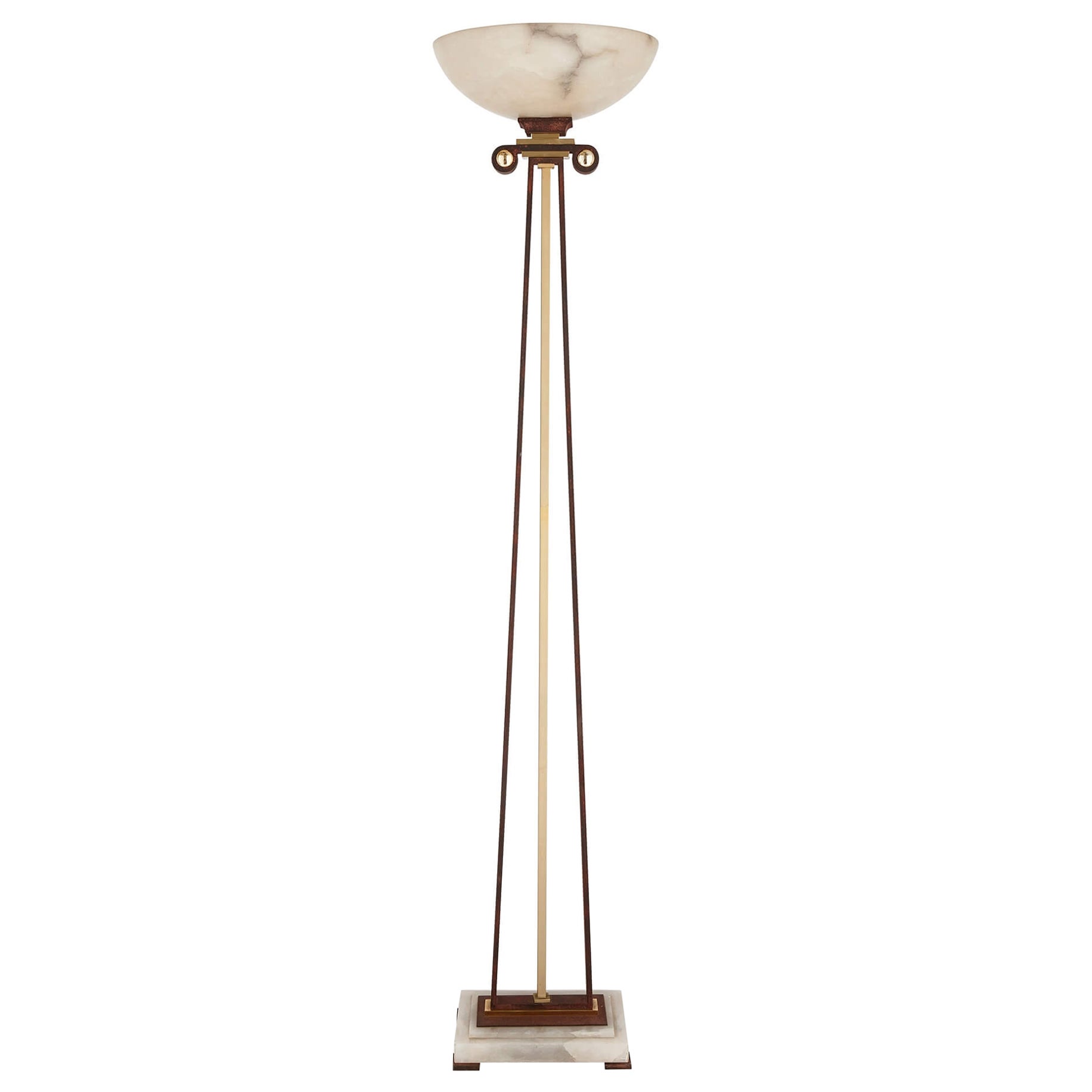 Alabaster, Gilt Metal and Patinated Iron Floor Lamp  For Sale