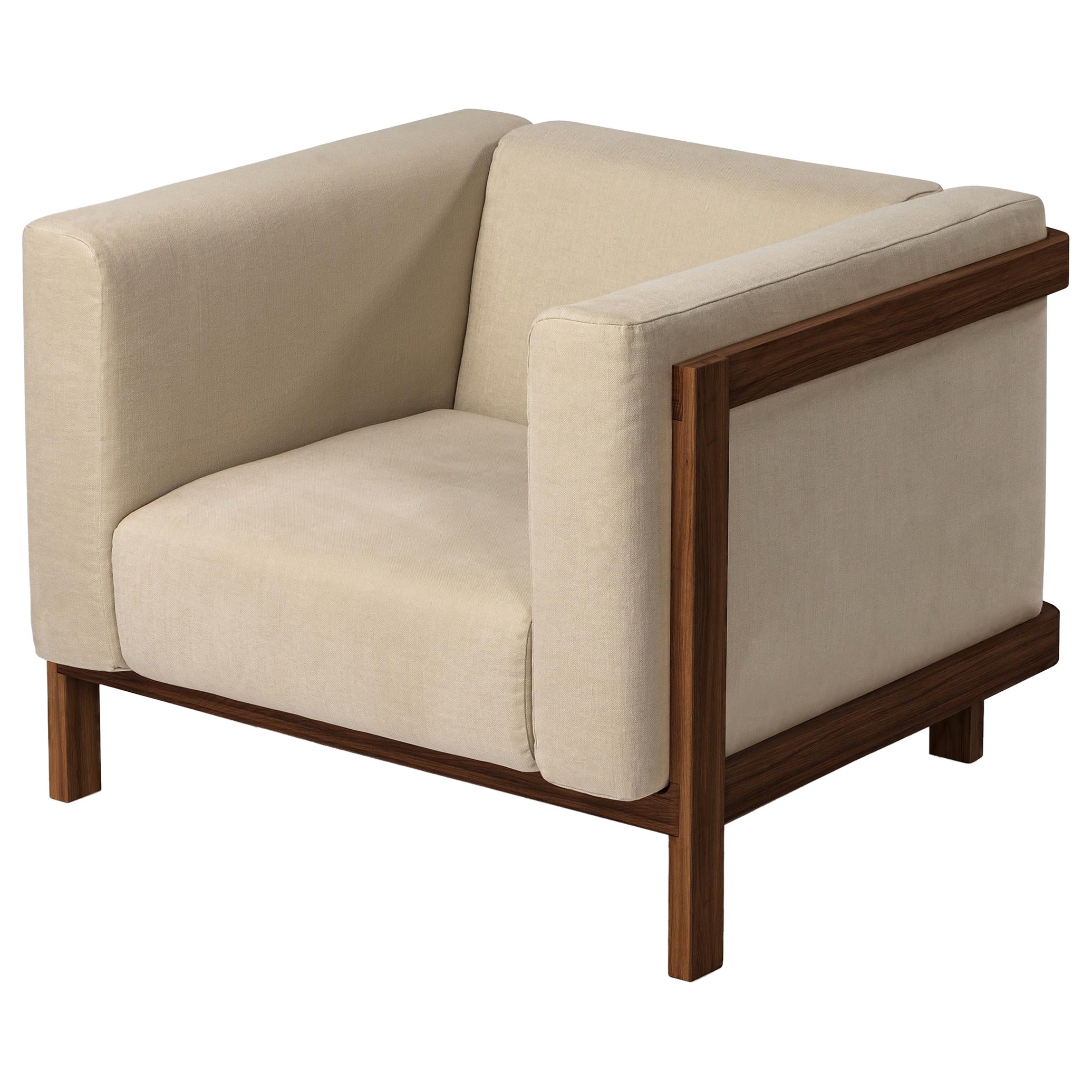 Minimalist one seater sofa walnut - fabric upholstered For Sale