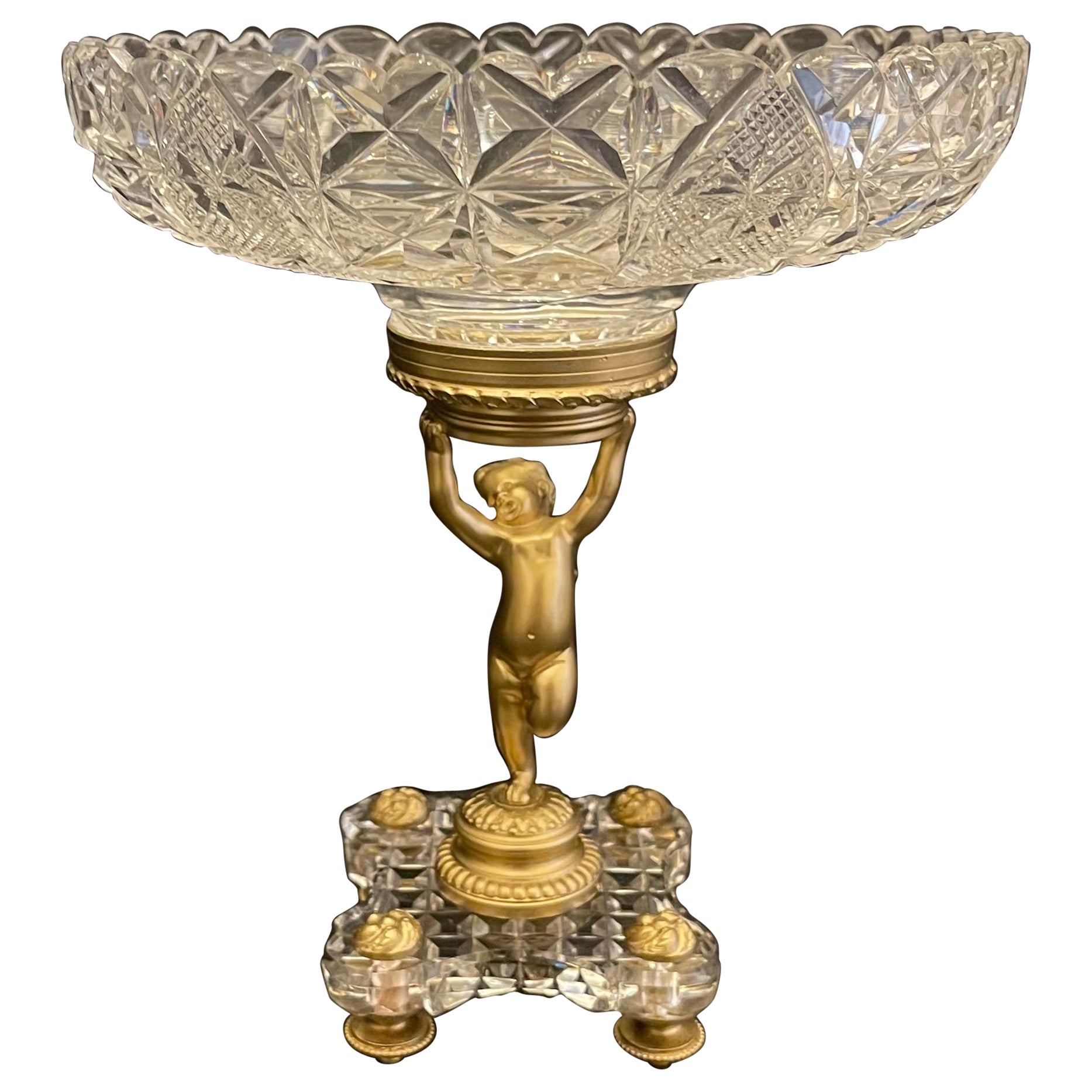 Wonderful French Baccarat Bronze Crystal Ormolu Cherub Putti Compote Centerpiece For Sale