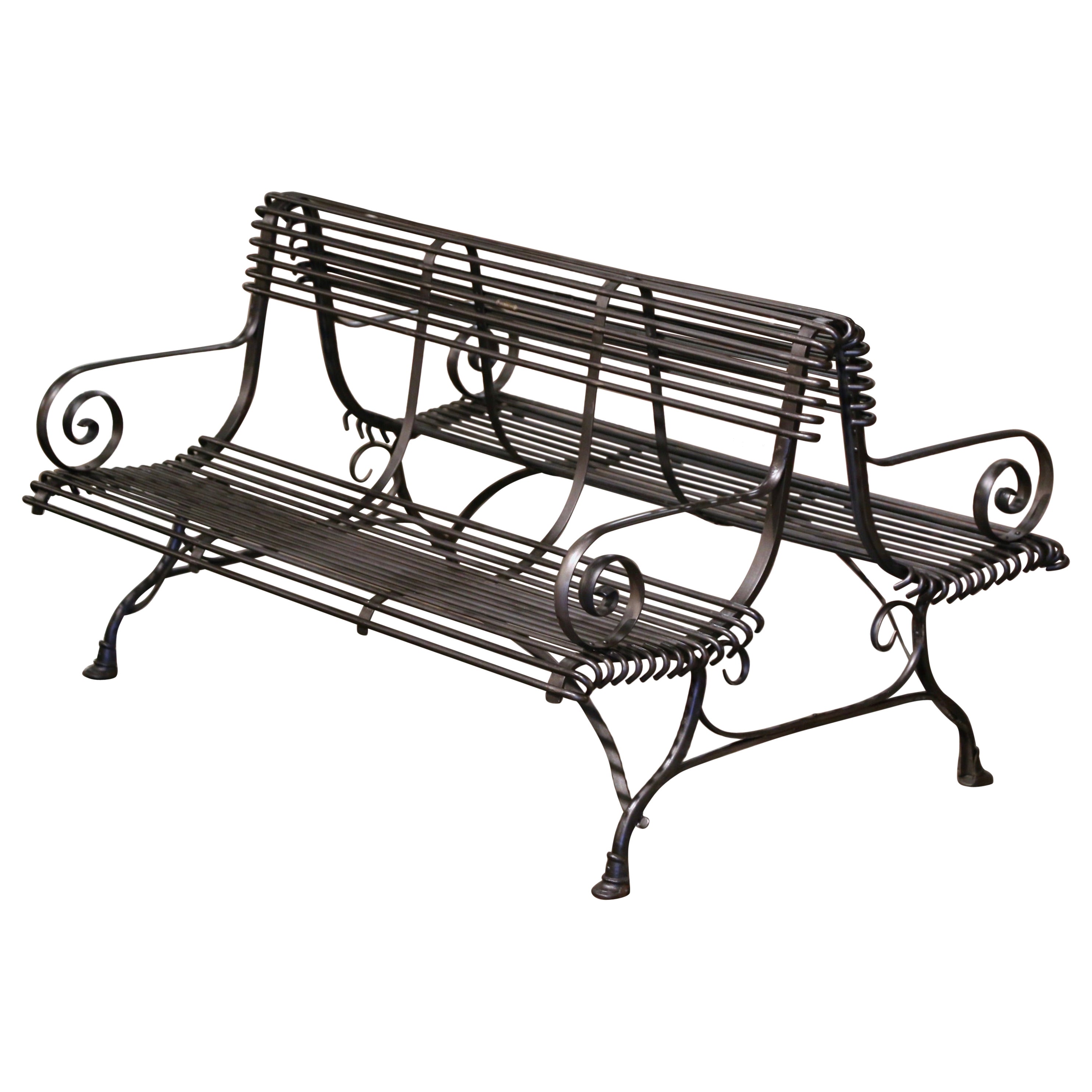 French Iron Two-Sided Bench with Scrolled Arms Signed Sauveur Arras For Sale