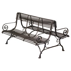 Vintage French Iron Two-Sided Bench with Scrolled Arms Signed Sauveur Arras