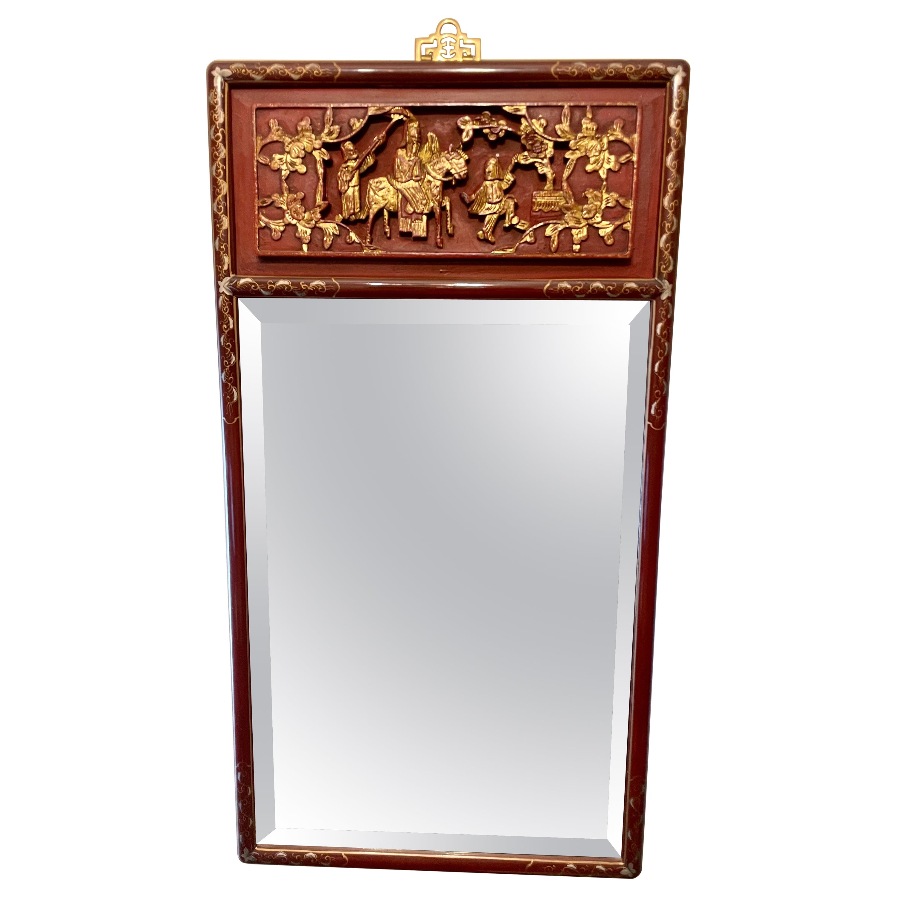 Chinese Carved Panel Gilt  Beveled Mirror For Sale