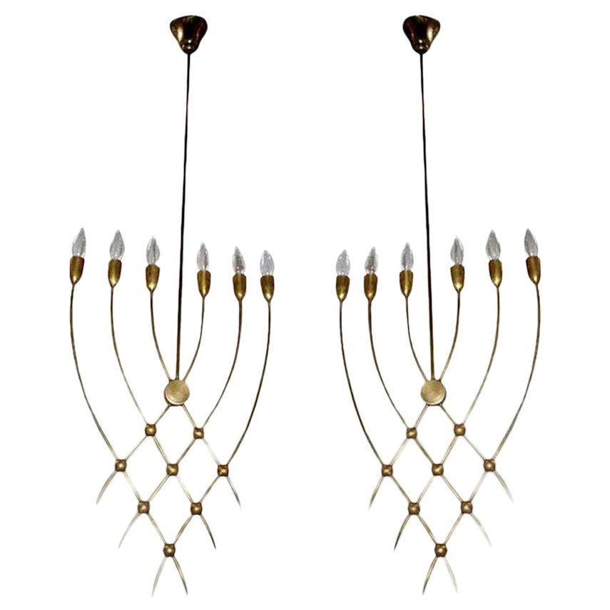 Pair of 1940s Brass Pendant Chandeliers by Guglielmo Ulrich For Sale
