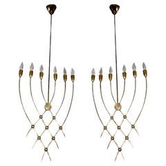 Vintage Pair of 1940s Brass Pendant Chandeliers by Guglielmo Ulrich