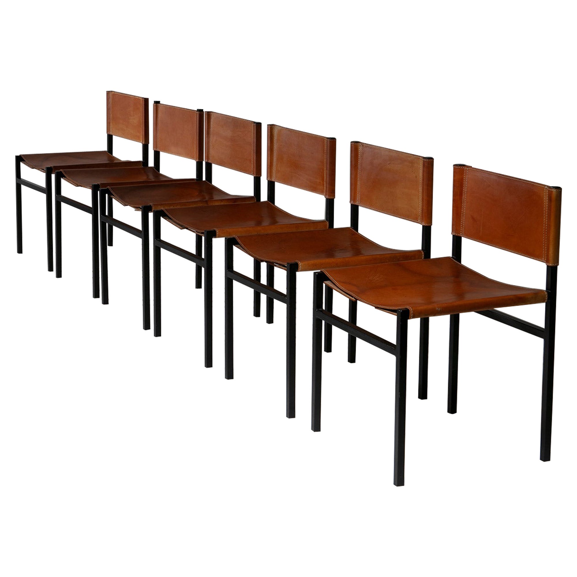 Set of Six Minimal "Rea" Leather Chairs by Paolo Tilche for Arform, Italy, 1950s For Sale