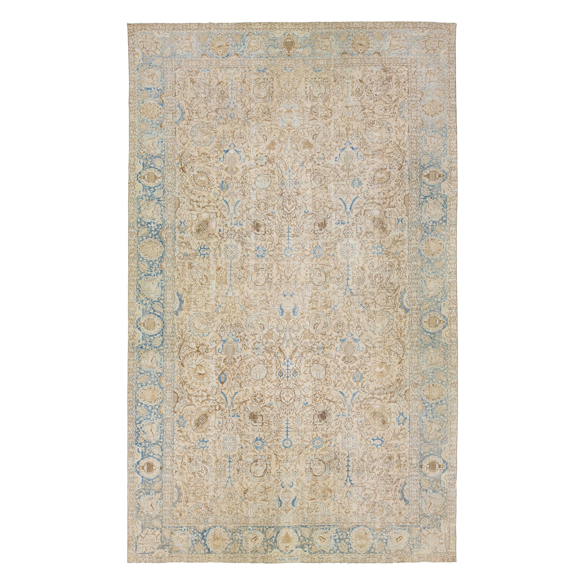 Allover Designed Antique Wool Rug Persian Tabriz From 1910s In Beige For Sale