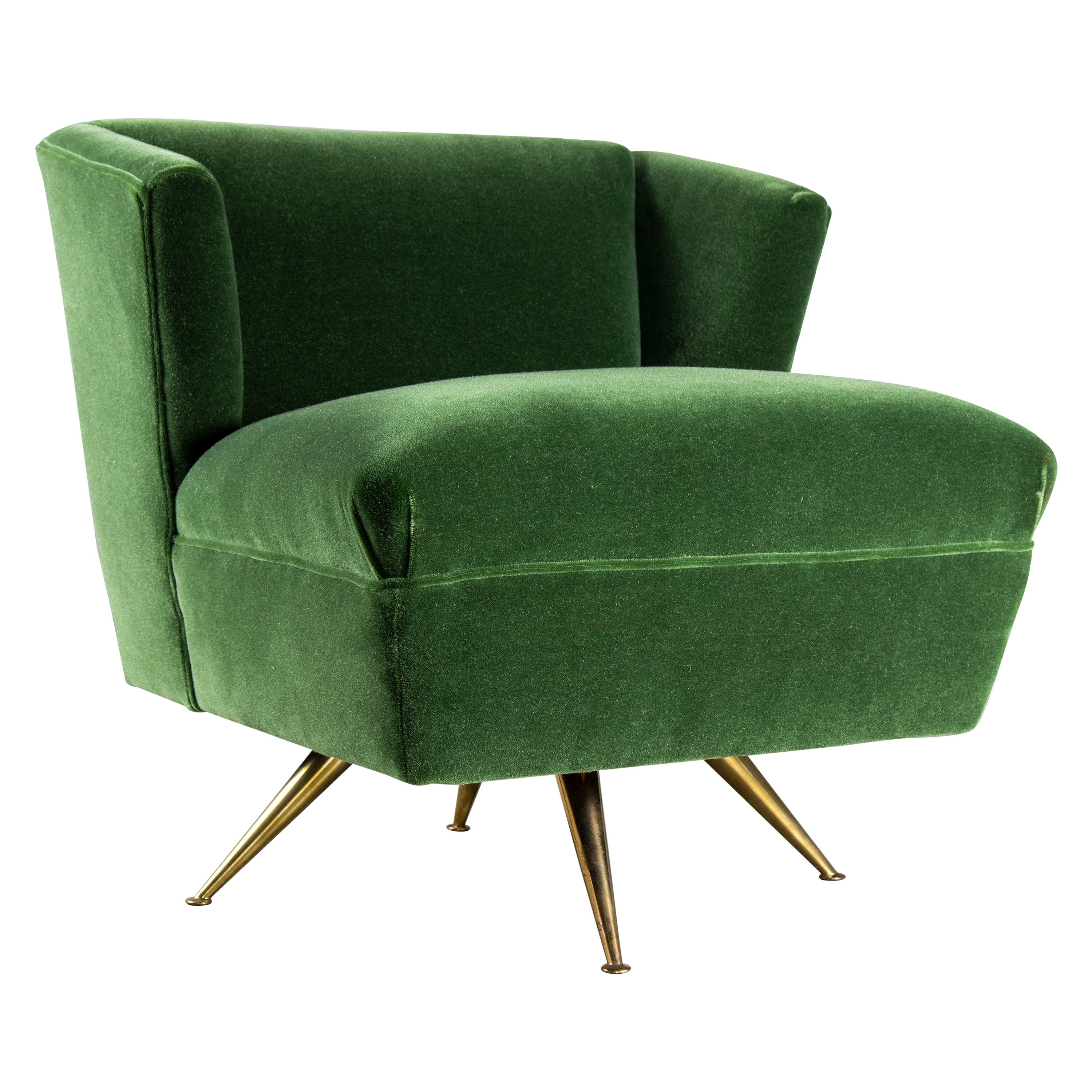 1950s Henry P Glass Swivel Lounge Chair Green Mohair on brass legs JL Chase Co. For Sale