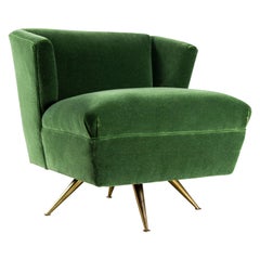 Vintage 1950s Henry P Glass Swivel Lounge Chair Green Mohair on brass legs JL Chase Co.