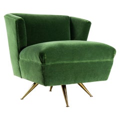 1950s Henry P Glass Swivel Lounge Chair Green Mohair on brass legs JL Chase Co.