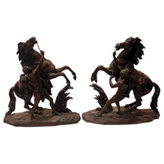 Pair Antique Late 19th Century French Signed "Horses of Marley" Bronze Castings