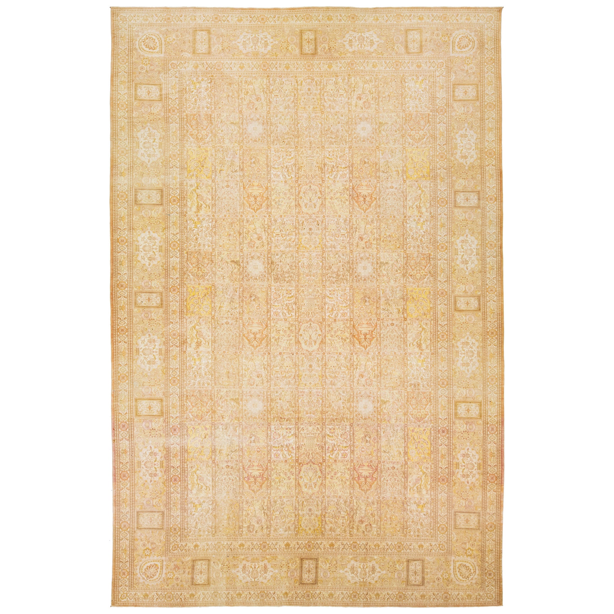 Designed Persian Tabriz Beige Wool Rug Handcrafted From 1910s 