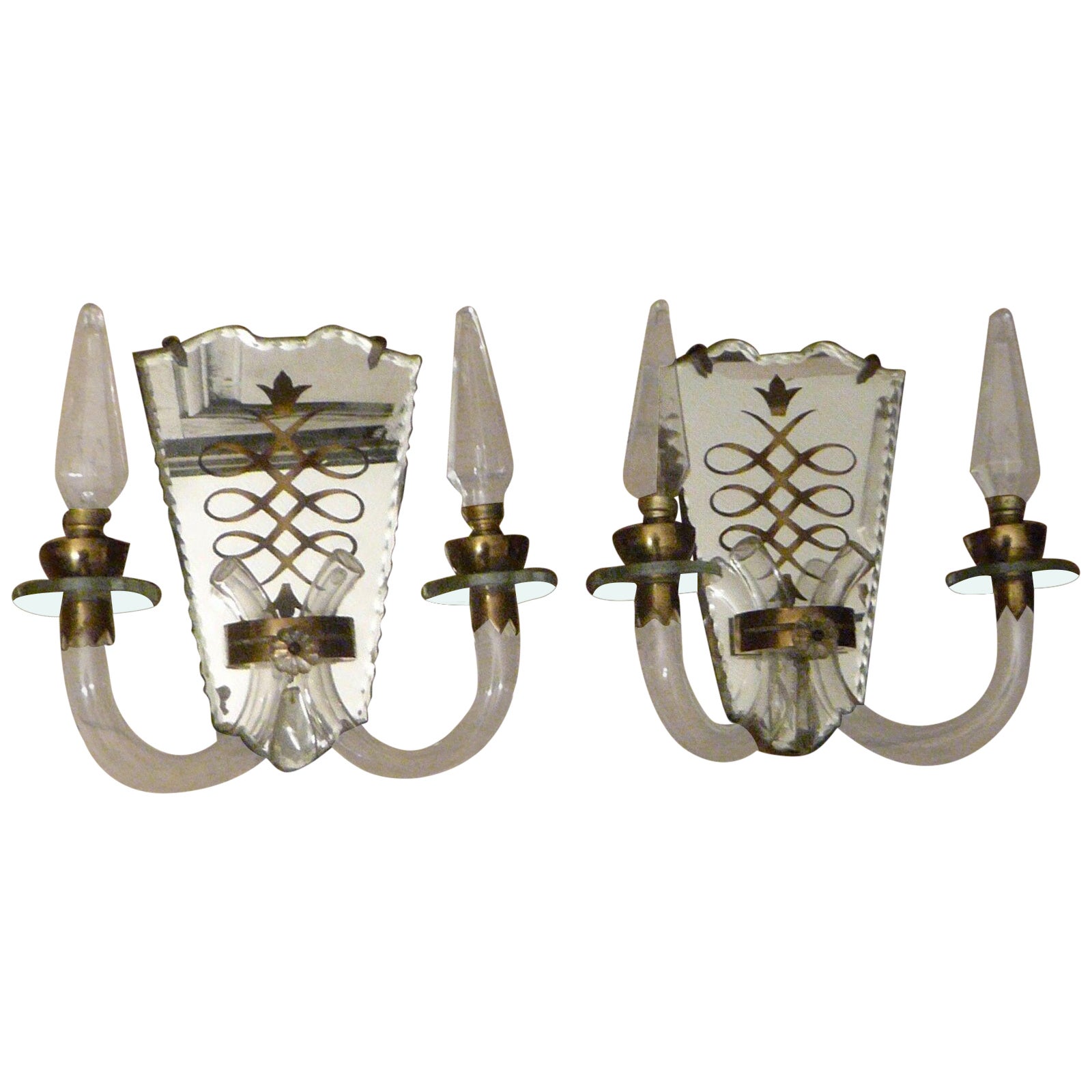 1930s Pair French Art Deco Blown Crystal Tube Wall Sconces attrib. Jules Leleu For Sale