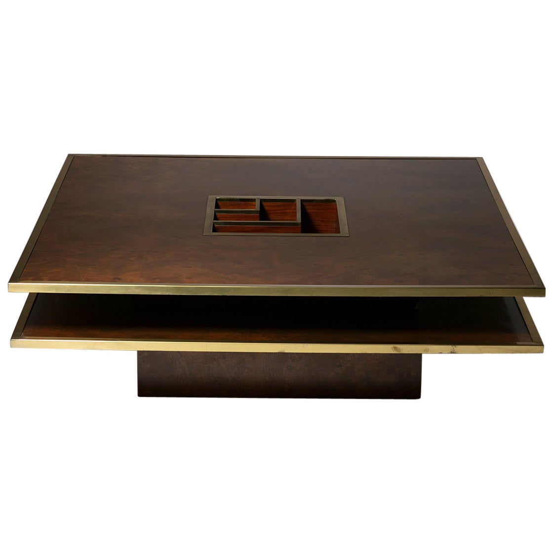 Large Squared Burl Coffee Table with Brass Details, Italy, 1970s