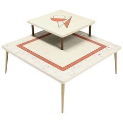 Geometric Design Tapered Legs Travertine Two Tier  Corner Table  