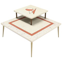 Geometric Design Tapered Legs Travertine Two Tier  Corner Table
