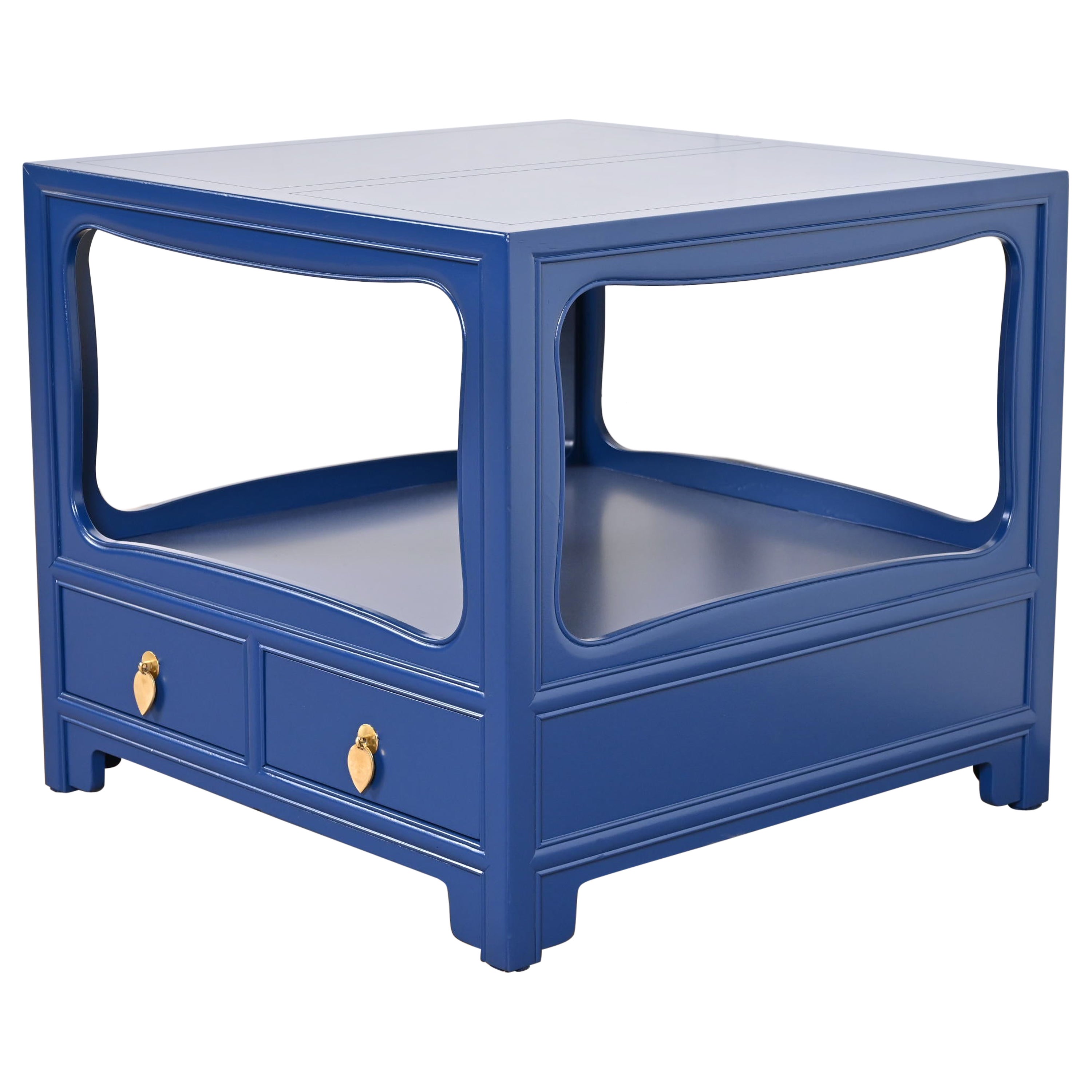 Table de nuit laquée bleue Michael Taylor pour Baker Furniture, nouvellement revernie en vente