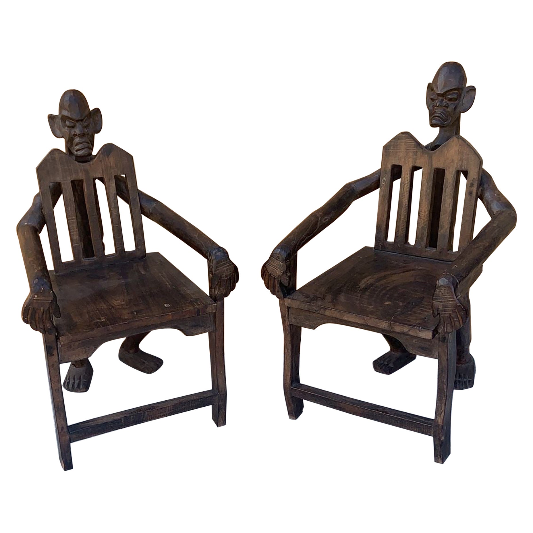 Antique African Tribal Figural Carved Armchairs - Set of 2 For Sale